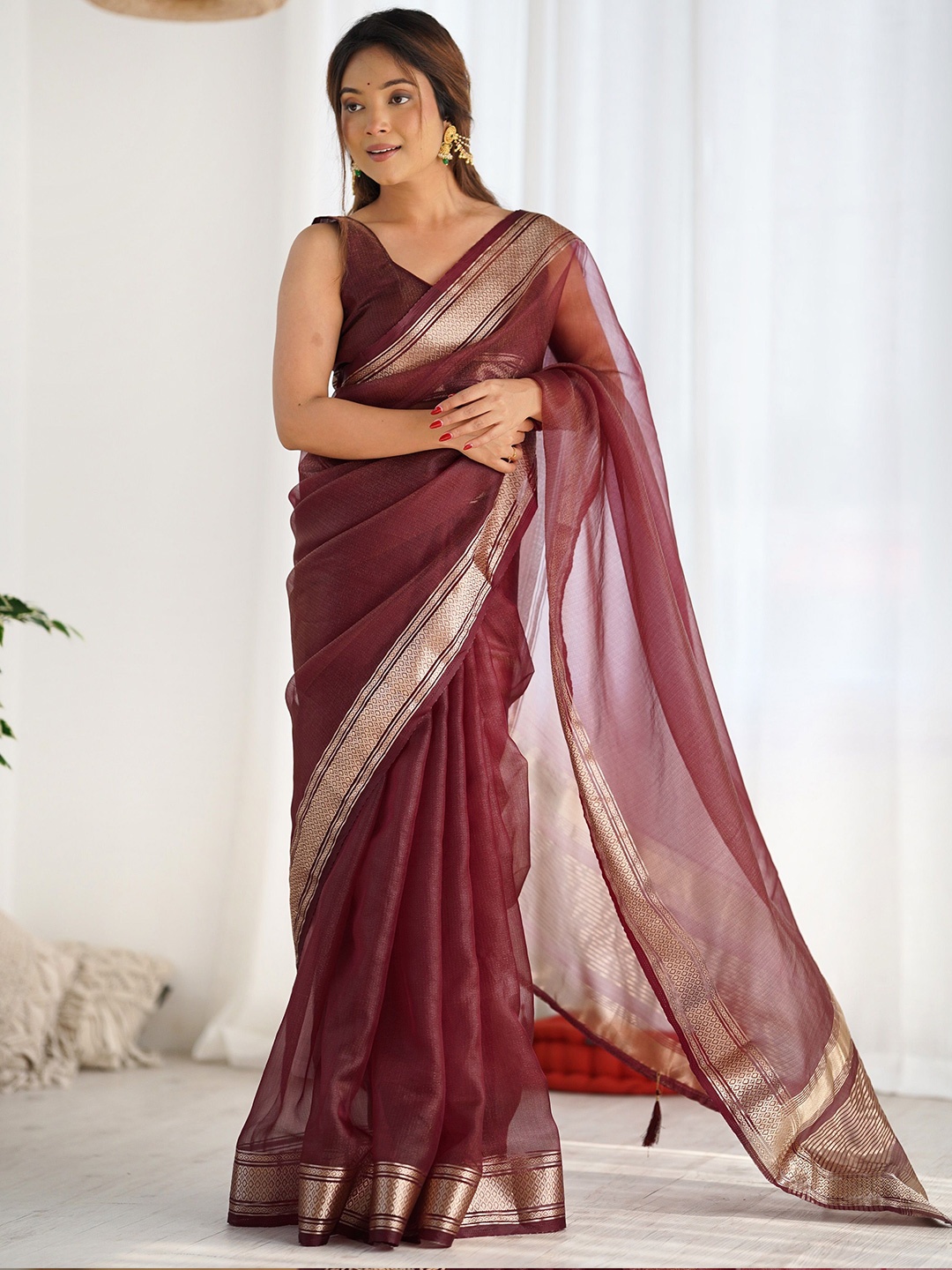 

CANIZZARO Zari Organza Khadi Saree, Maroon