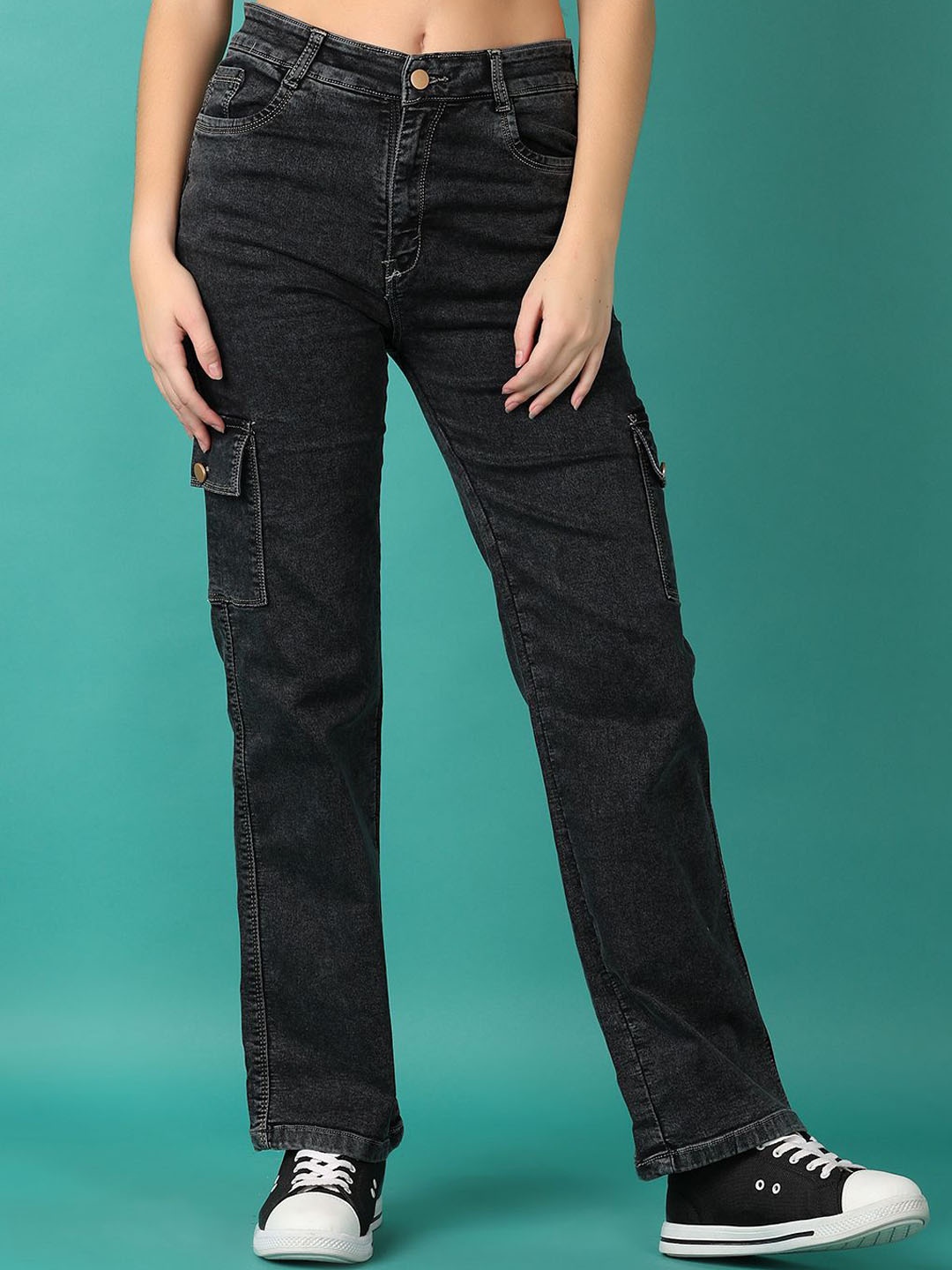 

V-Mart Women Straight Fit High-Rise Low Distress Stretchable Jeans, Black
