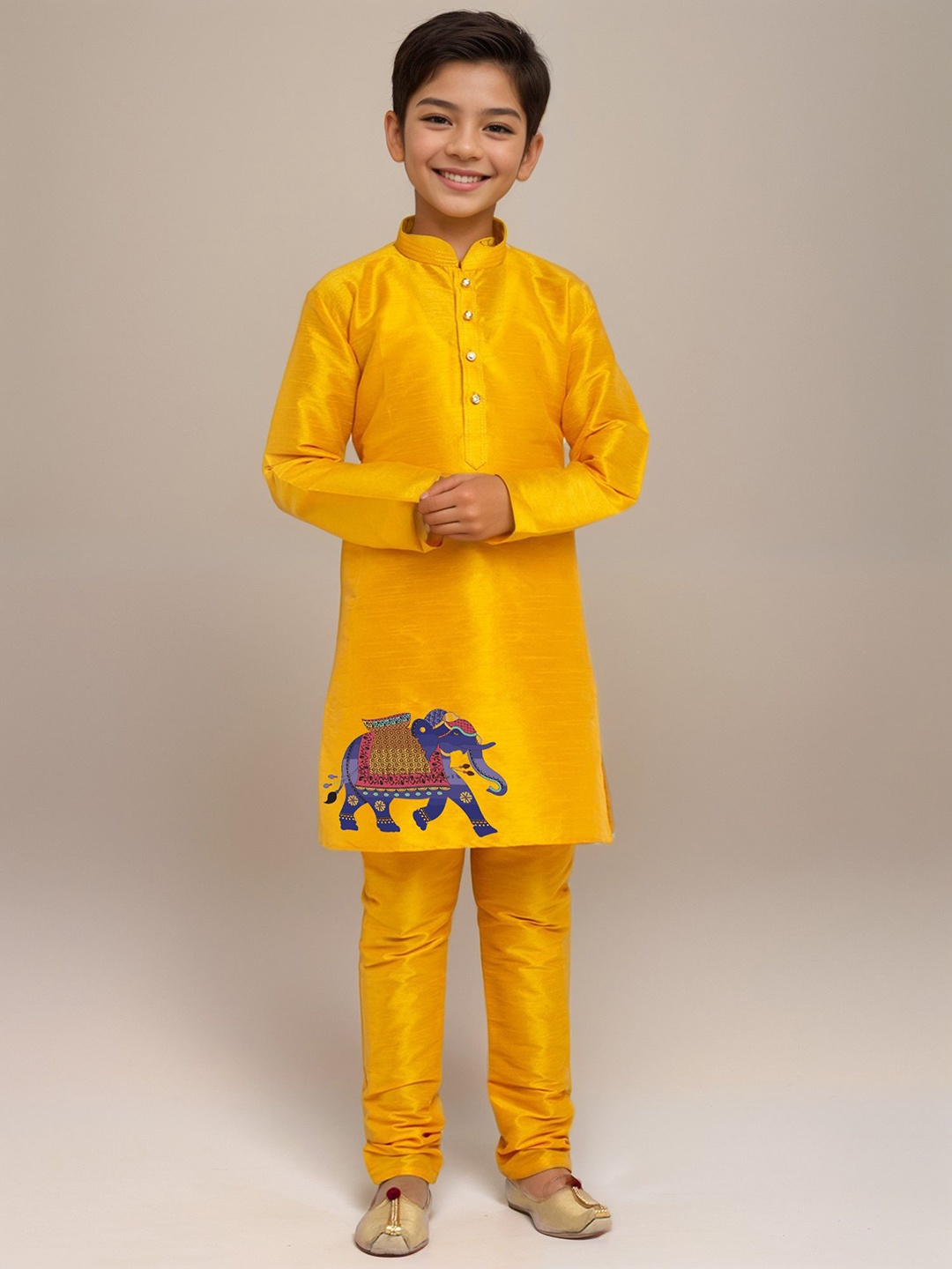 

DEVOILER Boys Mandarin Collar Dupion Silk Straight Kurta With Churidar, Yellow