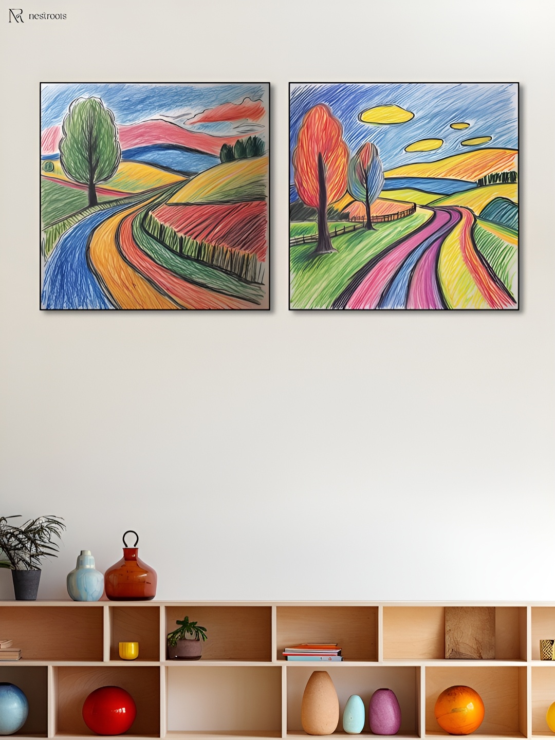 

nestroots Blue & Green 2 Piece Colorful Crayon Canvas Painting Wall Art