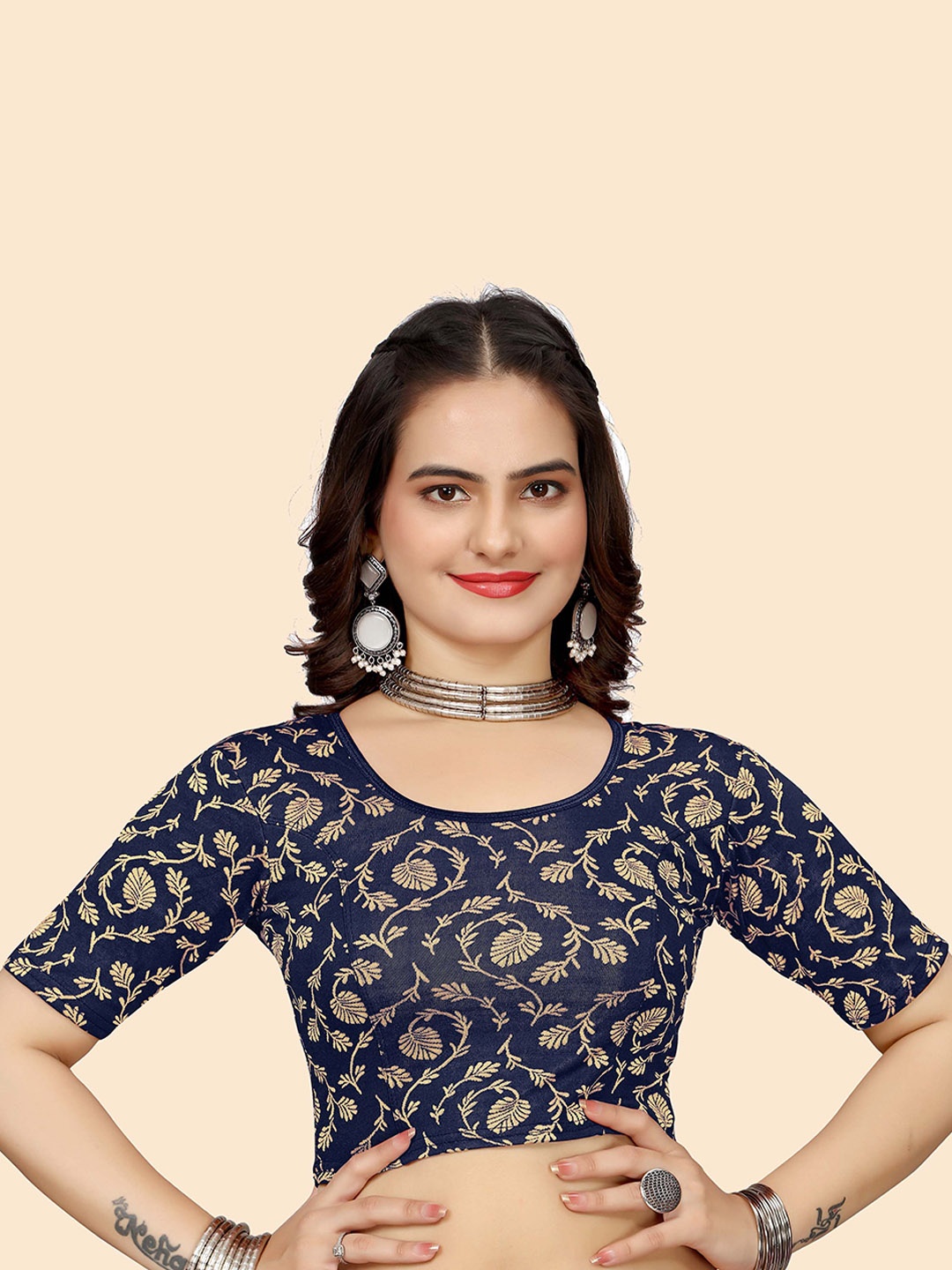 

SHREEJI DESIGNER Women Woven Design Stretchable Saree Blouse, Navy blue