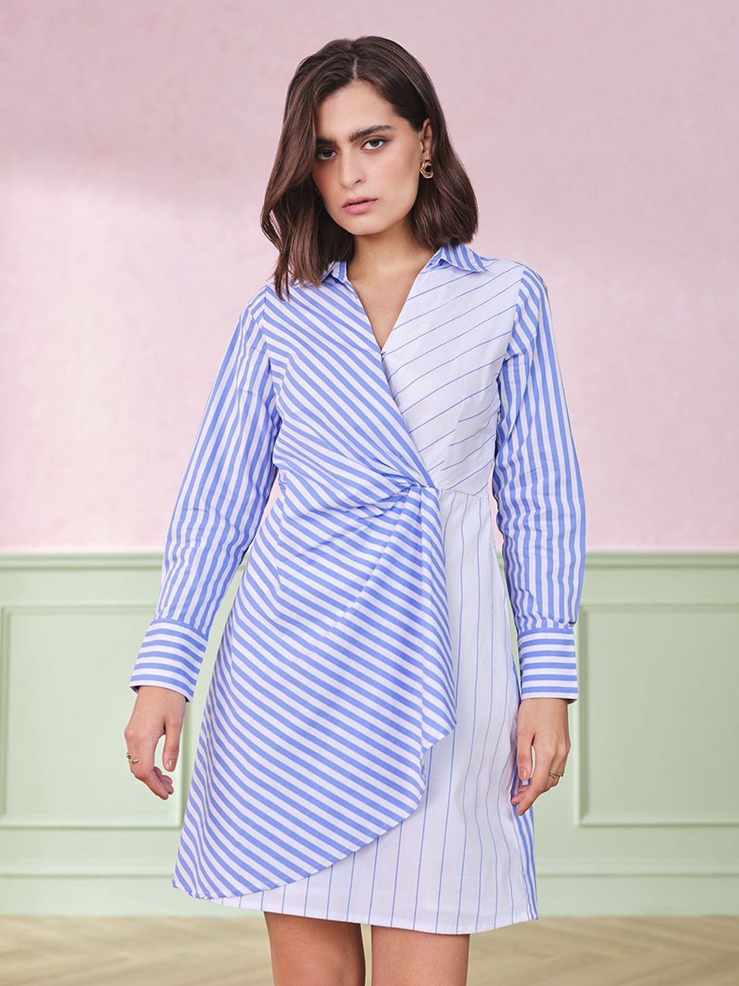 

AND Striped Shirt Collar A-Line Dress, White