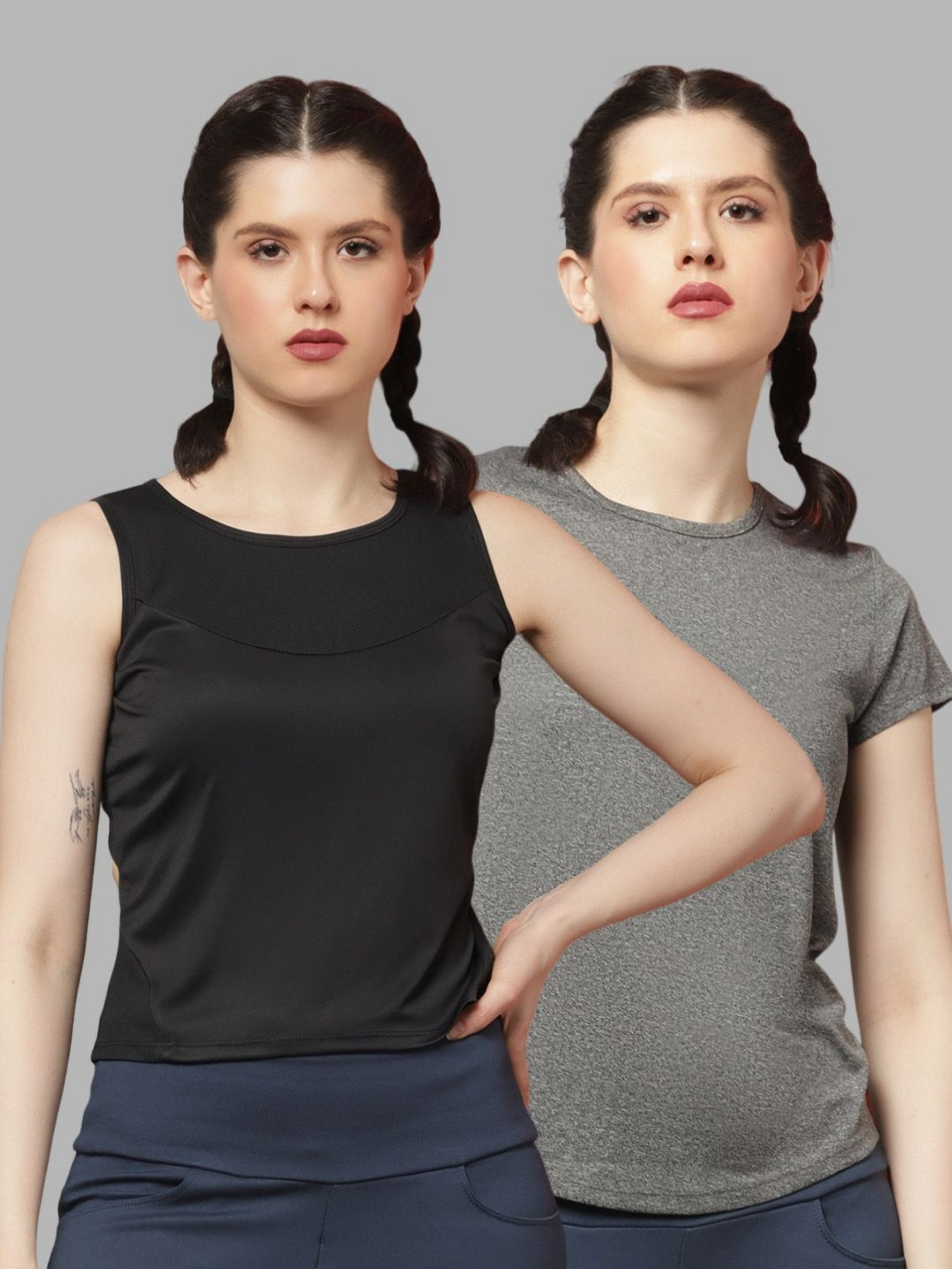 

Friskers Women Pack Of 2 Solid Round Neck T-shirts, Black