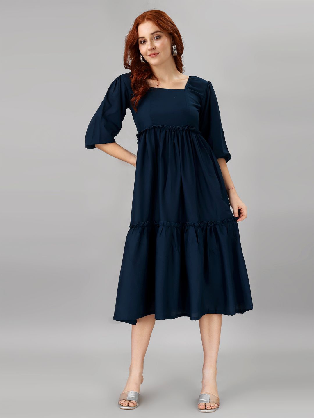 

Krunal Raiyani Women Square Neck Applique Fit & Flare Midi Dress, Blue