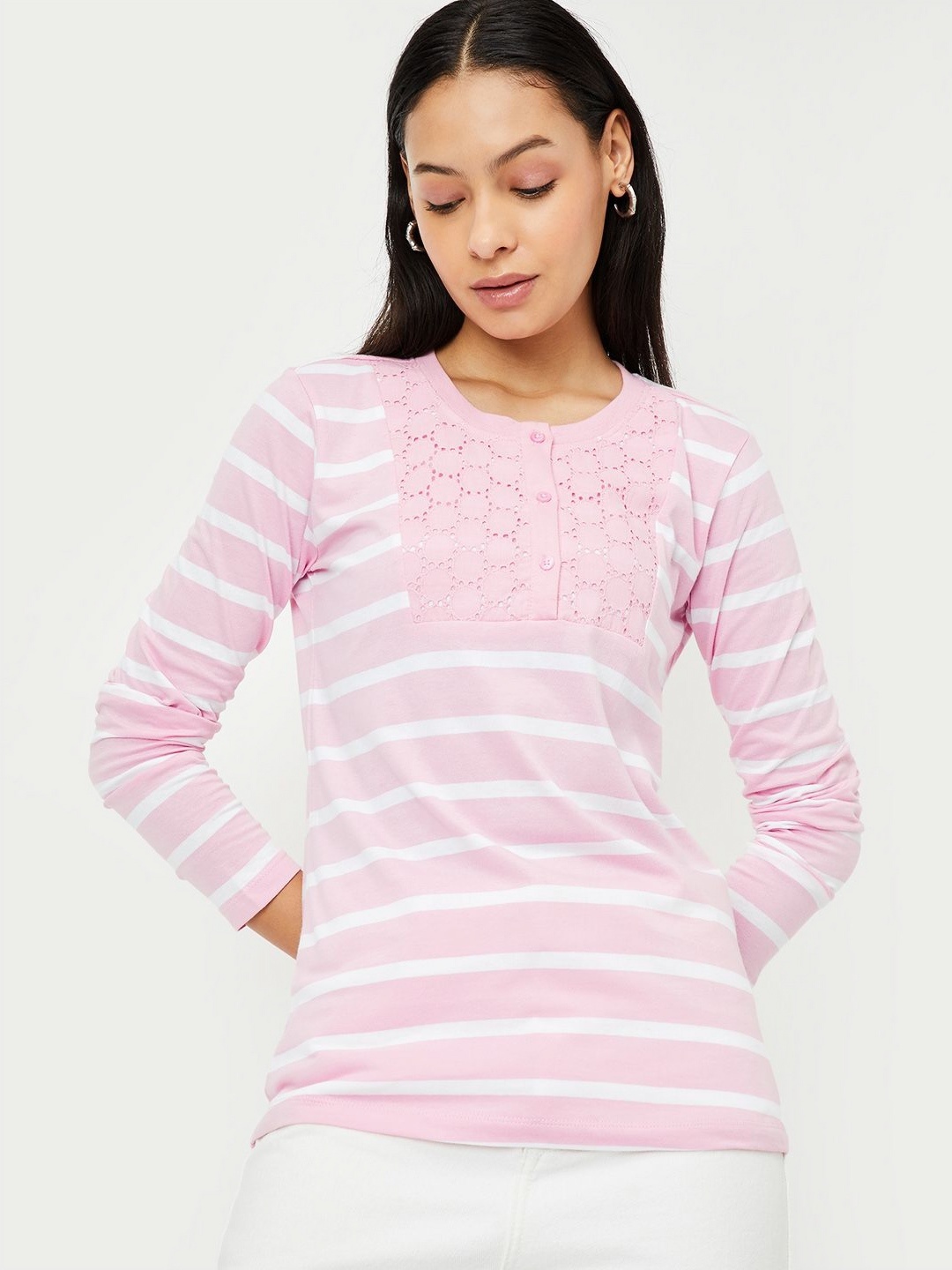 

max Women Striped Printed Round Neck Cotton T-shirt, Pink