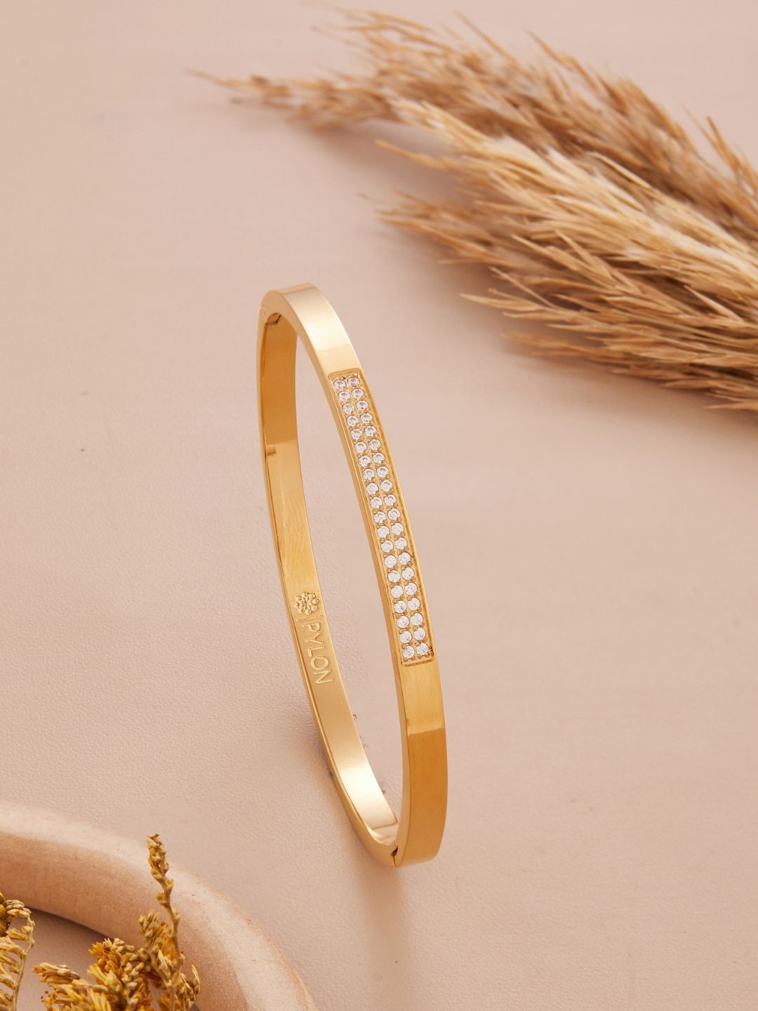 

PYLON Stainless Steel American Diamond Kada Bracelet, Gold