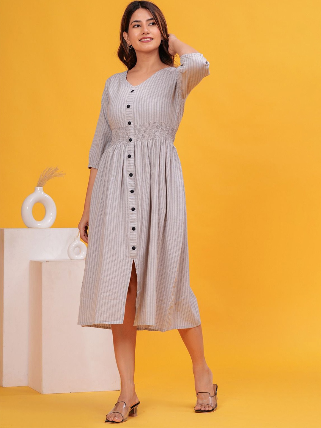 

SARAI CREATIONS Women V-Neck Cotton Striped Fit and Flare Casual Midi Dress, Grey