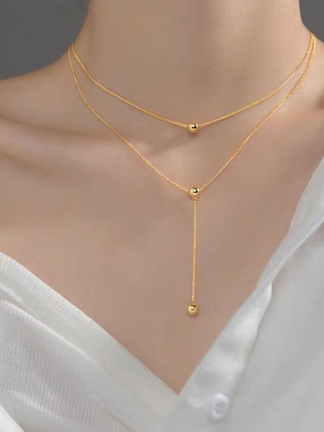 

MYKI Gold-Plated Stainless Steel Statement Double Layered Spherical Pendant Necklace