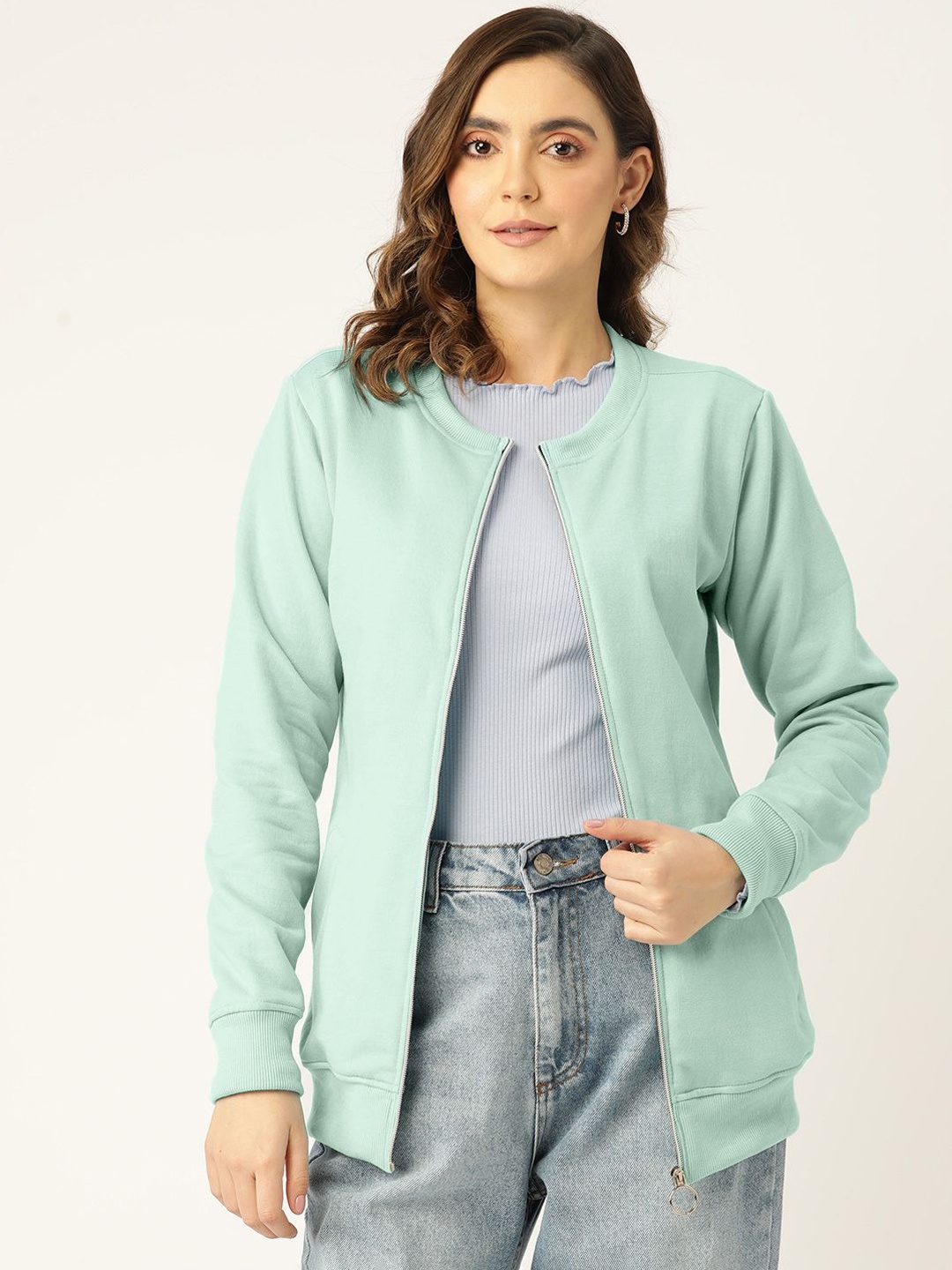 

BRINNS Women Collarless Solid Fleece Casual Bomber Jacket, Sea green