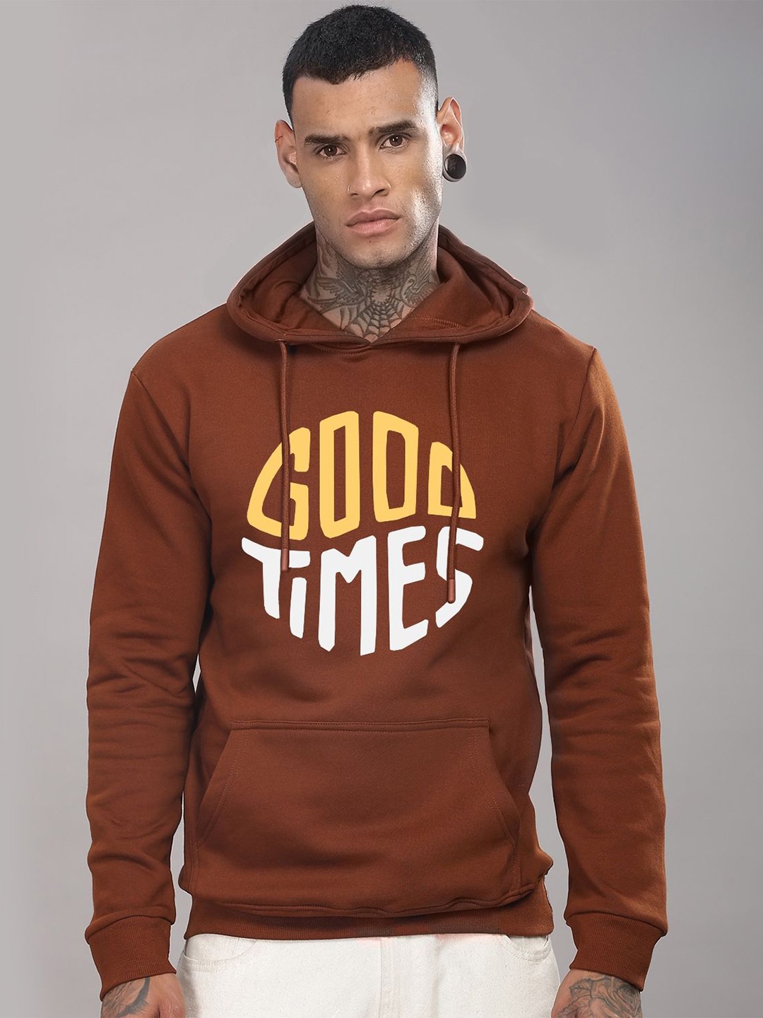 

ADRO Men Graphic Printed Hooded Sweatshirt, Brown