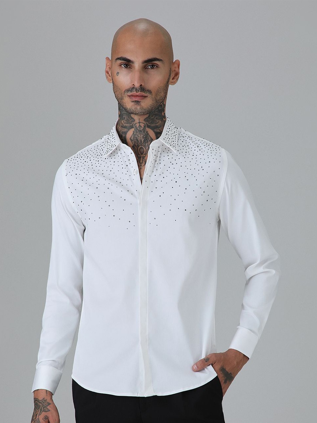 

Banana Club Men Classic Slim Fit Opaque Printed Party Shirt, White