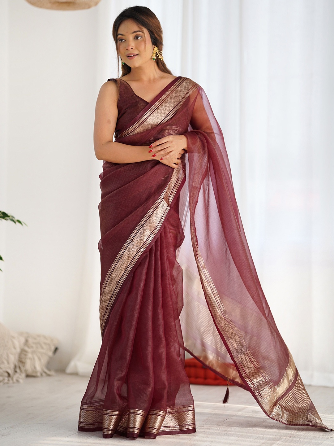 

KALINI Khadi Saree With Zari Border, Maroon