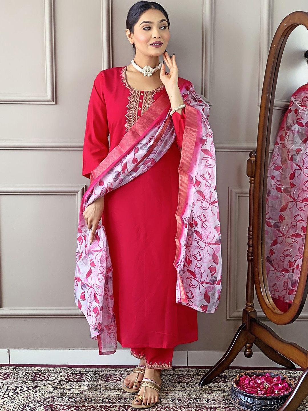 

KALINI Ethnic Motifs Embroidered Kurta With Trousers & Dupatta, Red