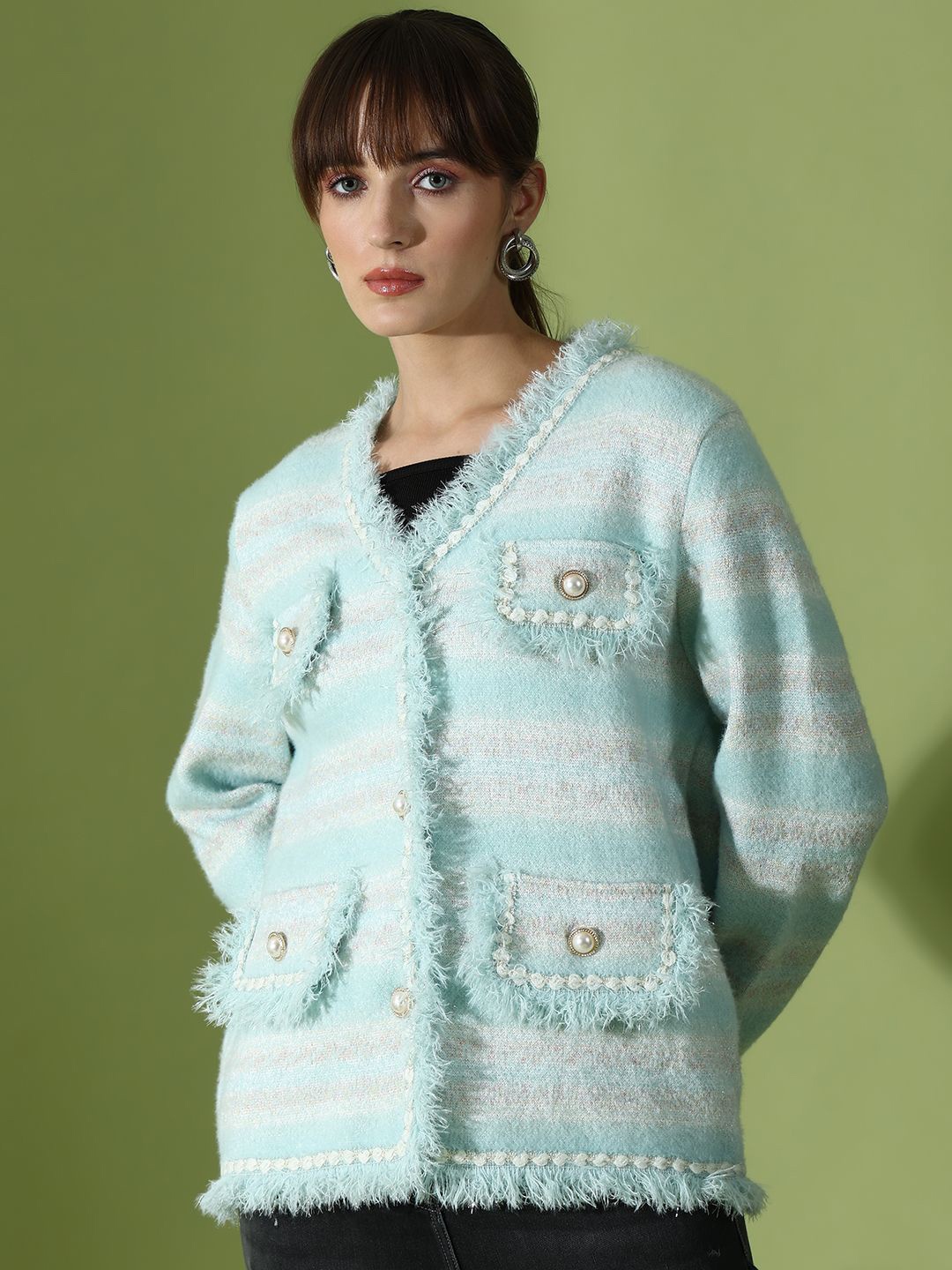 

KALINI Striped Self Design V-Neck Woollen Cardigan, Sea green