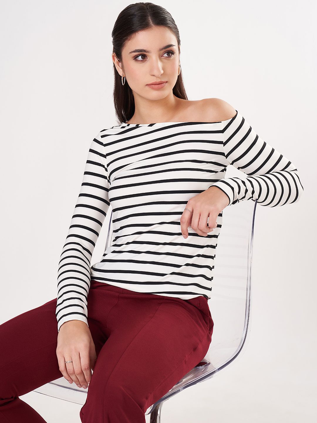 

Annabelle by Pantaloons Women Stripes Print One Shoulder Casual Top, Off white