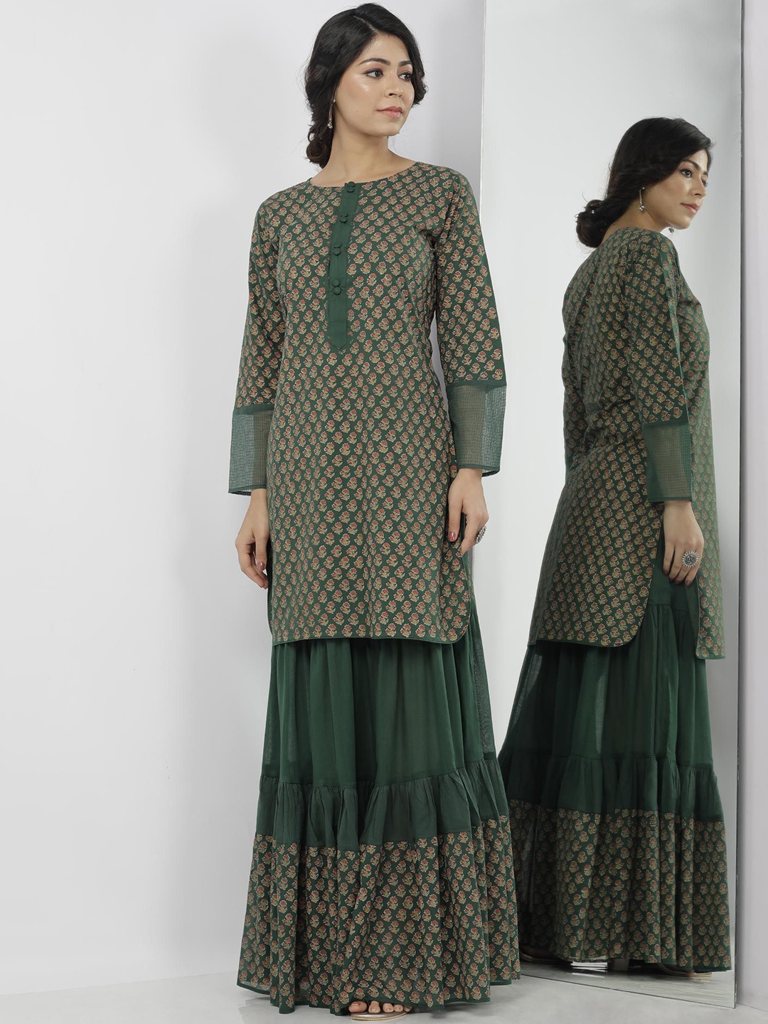 

TJORI Floral Printed Round Neck Regular Pure Cotton Straight Kurta With Sharara, Olive