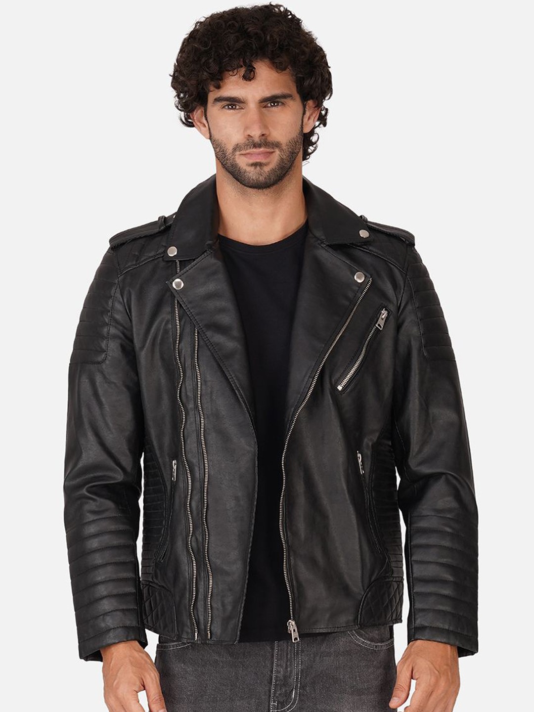 

BAESD Men Spread Collar Solid Casual Biker Jacket, Black