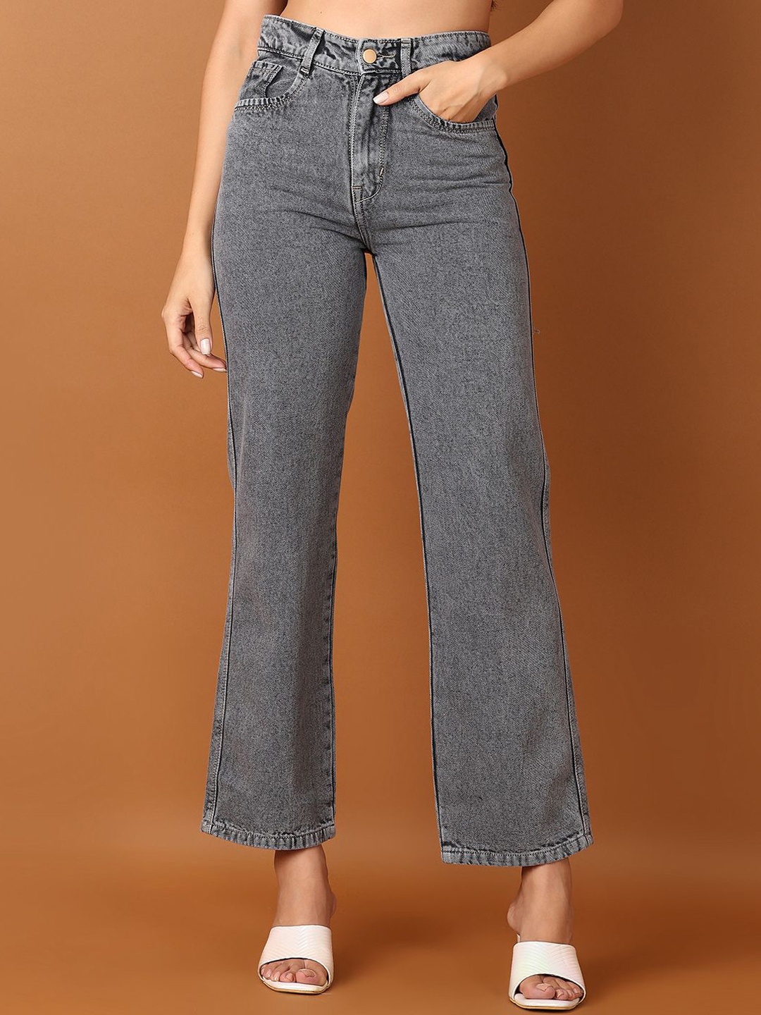 

V-Mart Women Cotton Straight Fit High-Rise Jeans, Grey