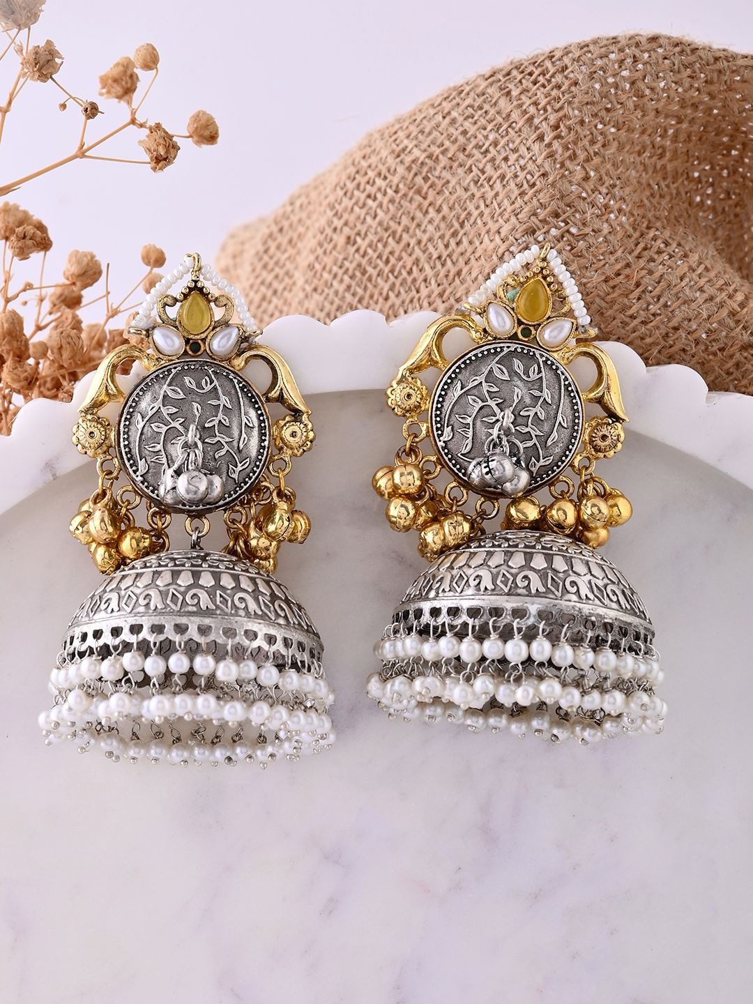 

Voylla Silver-Plated Dome Shaped Stone Studded Jhumkas