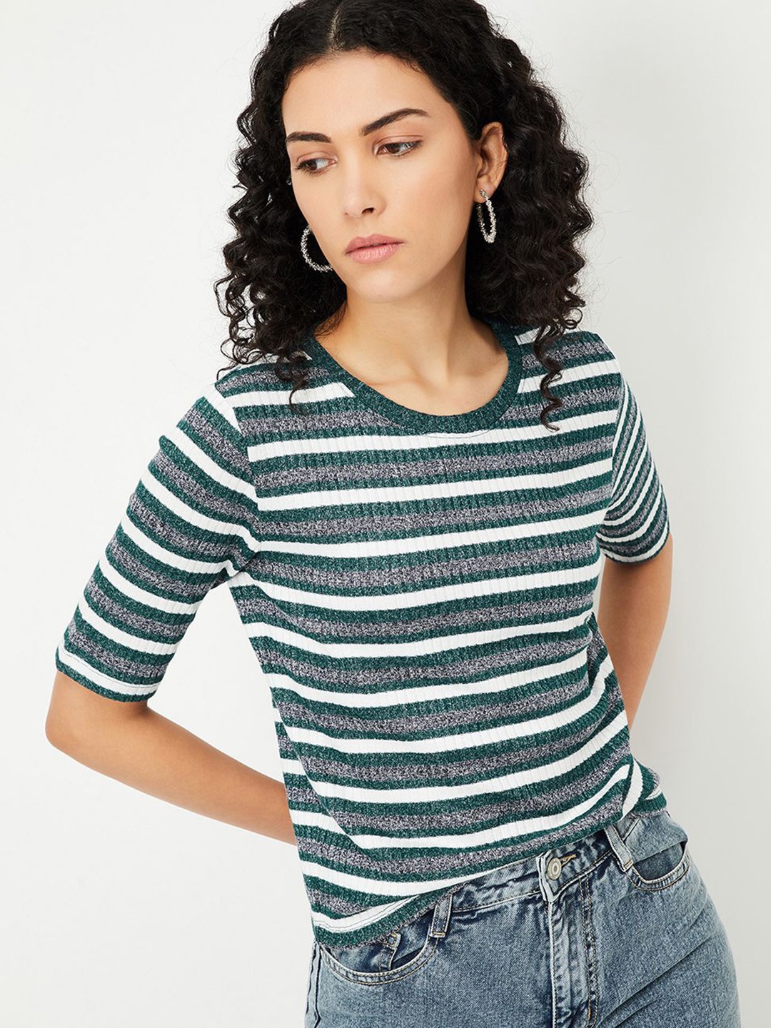 

max Women Striped Printed Round Neck Cotton T-shirt, Green