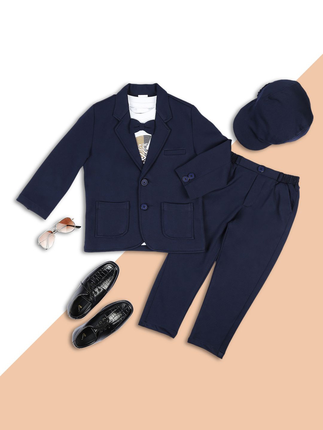 

YK Boys Single Breasted Solid Regular Fit Four Piece Suits with Cap, Navy blue