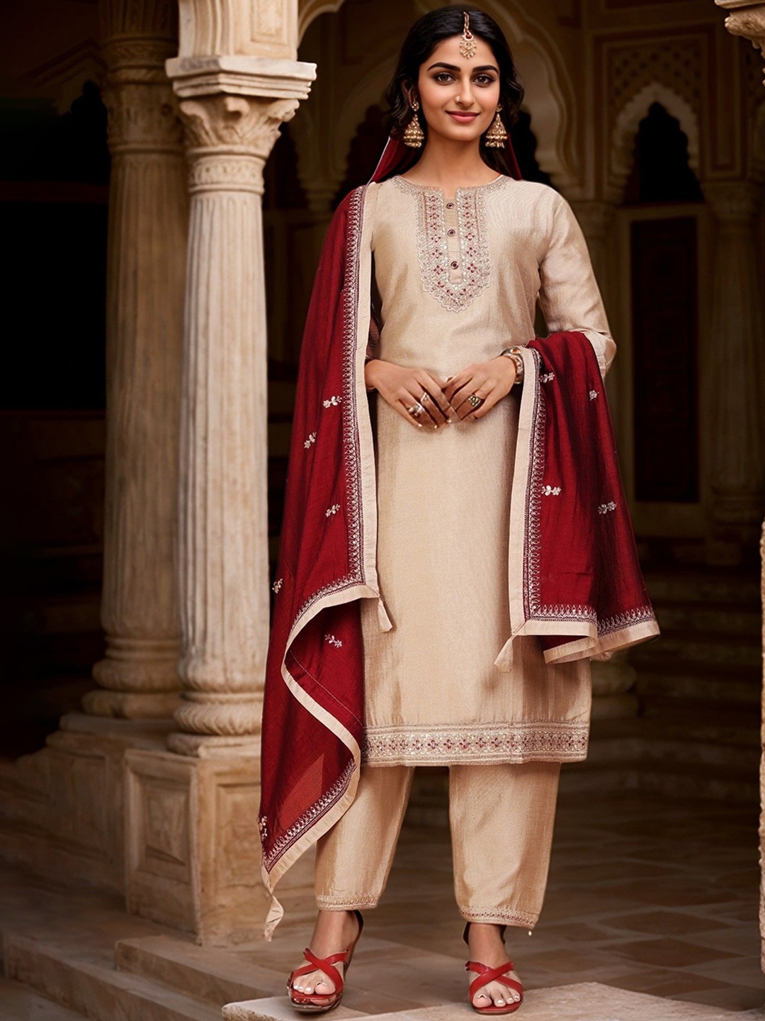 

Sitanjali Women Floral Embroidered Regular Thread Work Pure Silk Kurta with Trousers & With Dupatta, Cream