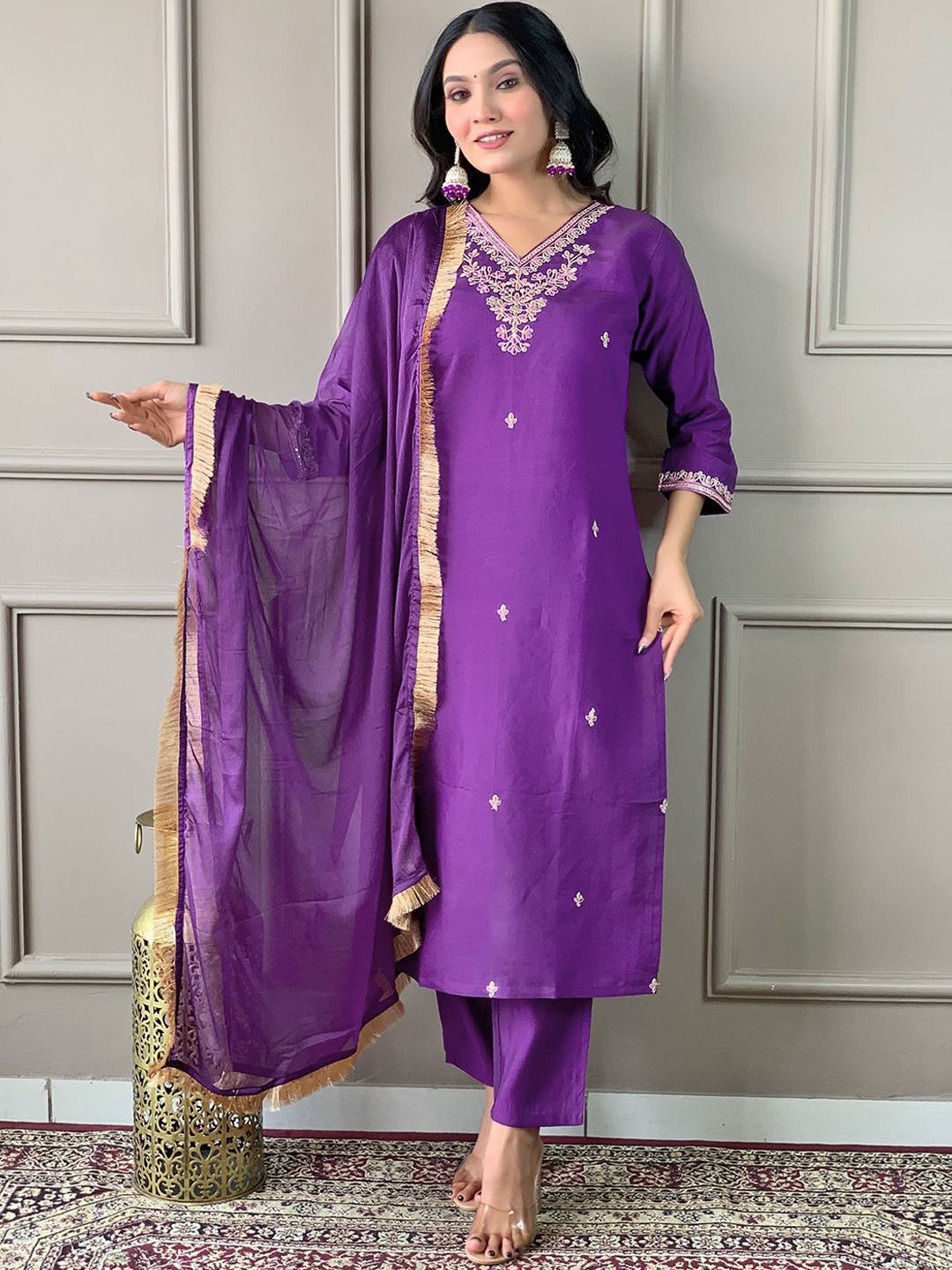 

KALINI Floral Embroidered Thread Work Straight Kurta with Trousers & Dupatta, Violet