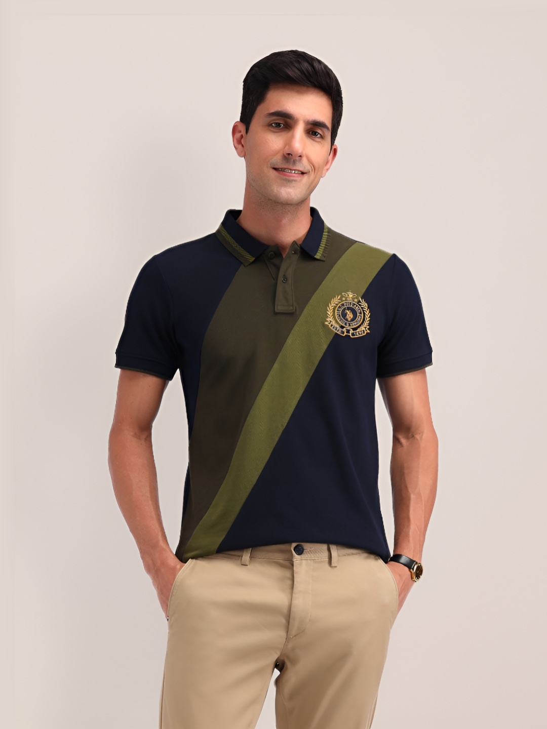 

U.S. Polo Assn. Men Brand Logo Printed Polo Collar Cotton Slim Fit T-shirt, Navy blue
