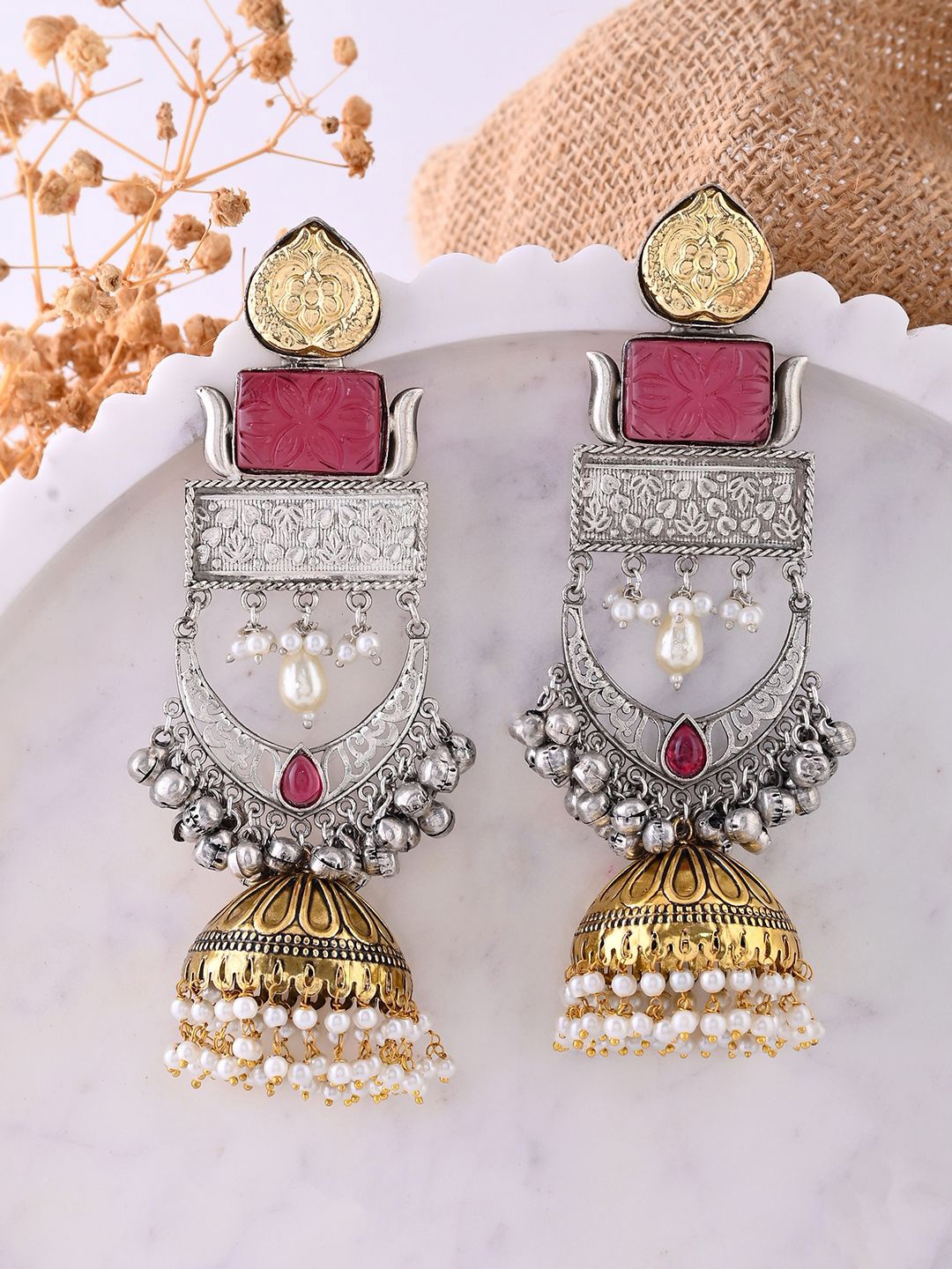 

Voylla Silver-Plated Contemporary Stone Studded Antique Chandbalis