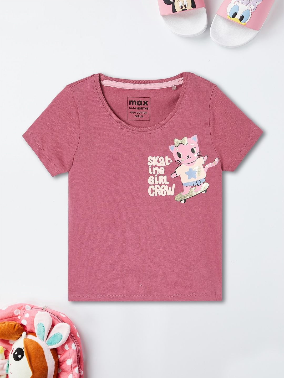 

max Girls Graphic Printed Round Neck Cotton T-shirt, Pink