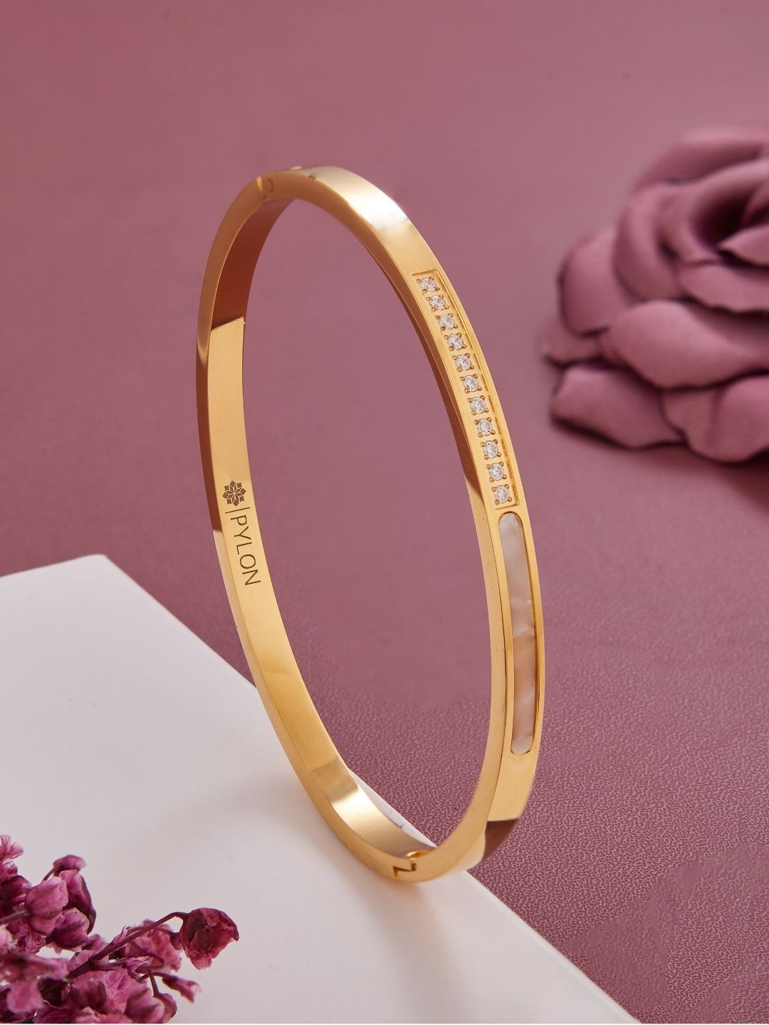 

PYLON Stainless Steel American Diamond Kada Bracelet, Gold