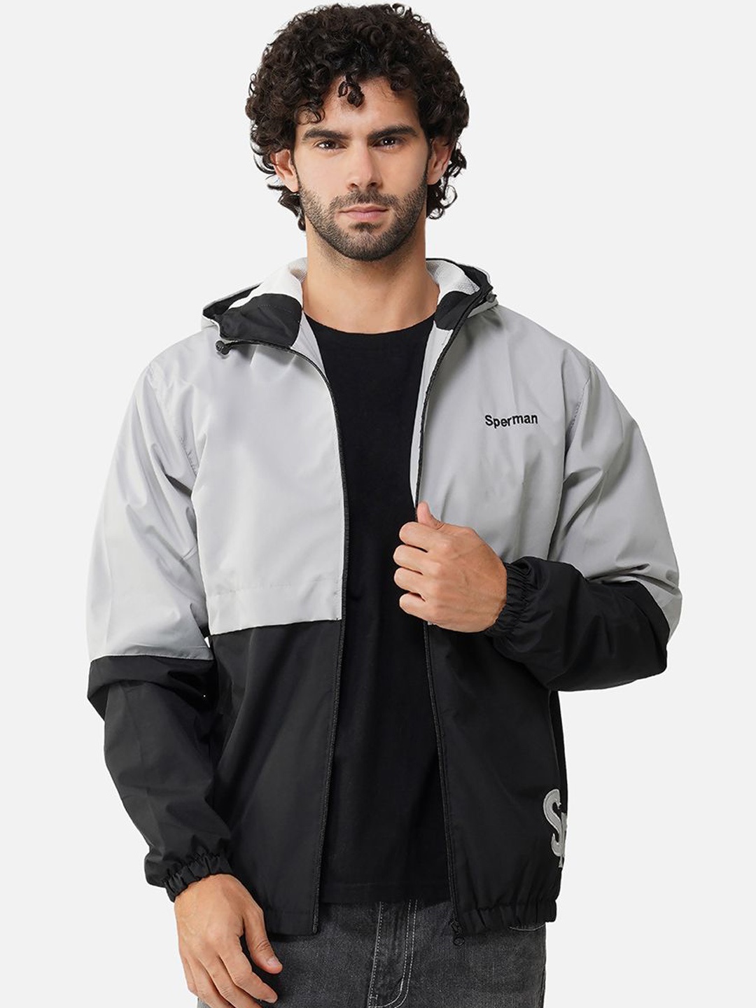 

BAESD Men Hooded Colourblocked Casual Bomber Jacket, Grey