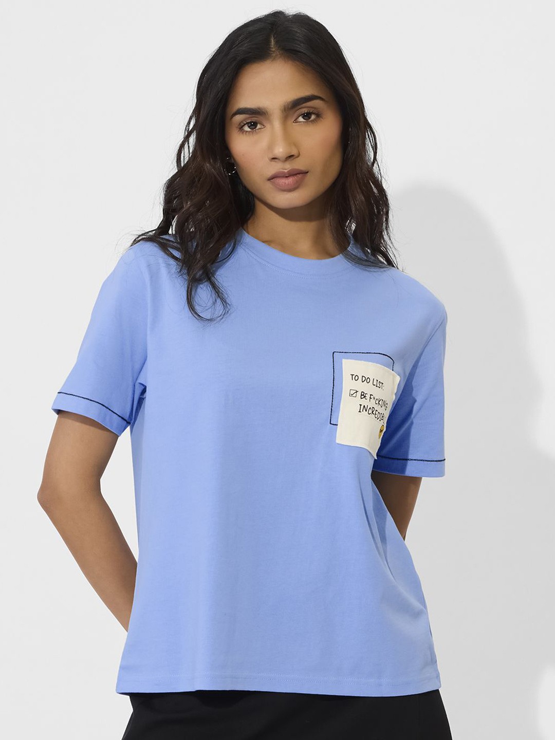

The Souled Store Women Typography Printed Round Neck Cotton Relaxed Fit T-shirt, Blue
