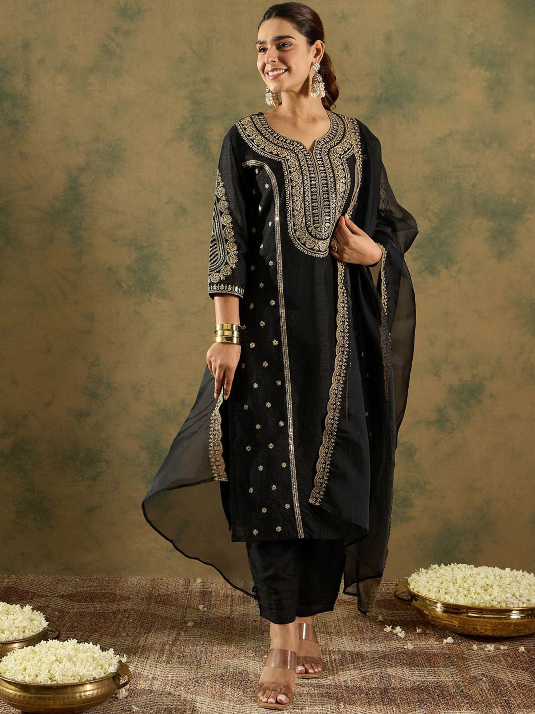 

Indo Era Ethnic Motifs Embroidered Panelled Kurta With Trousers & Dupatta, Black