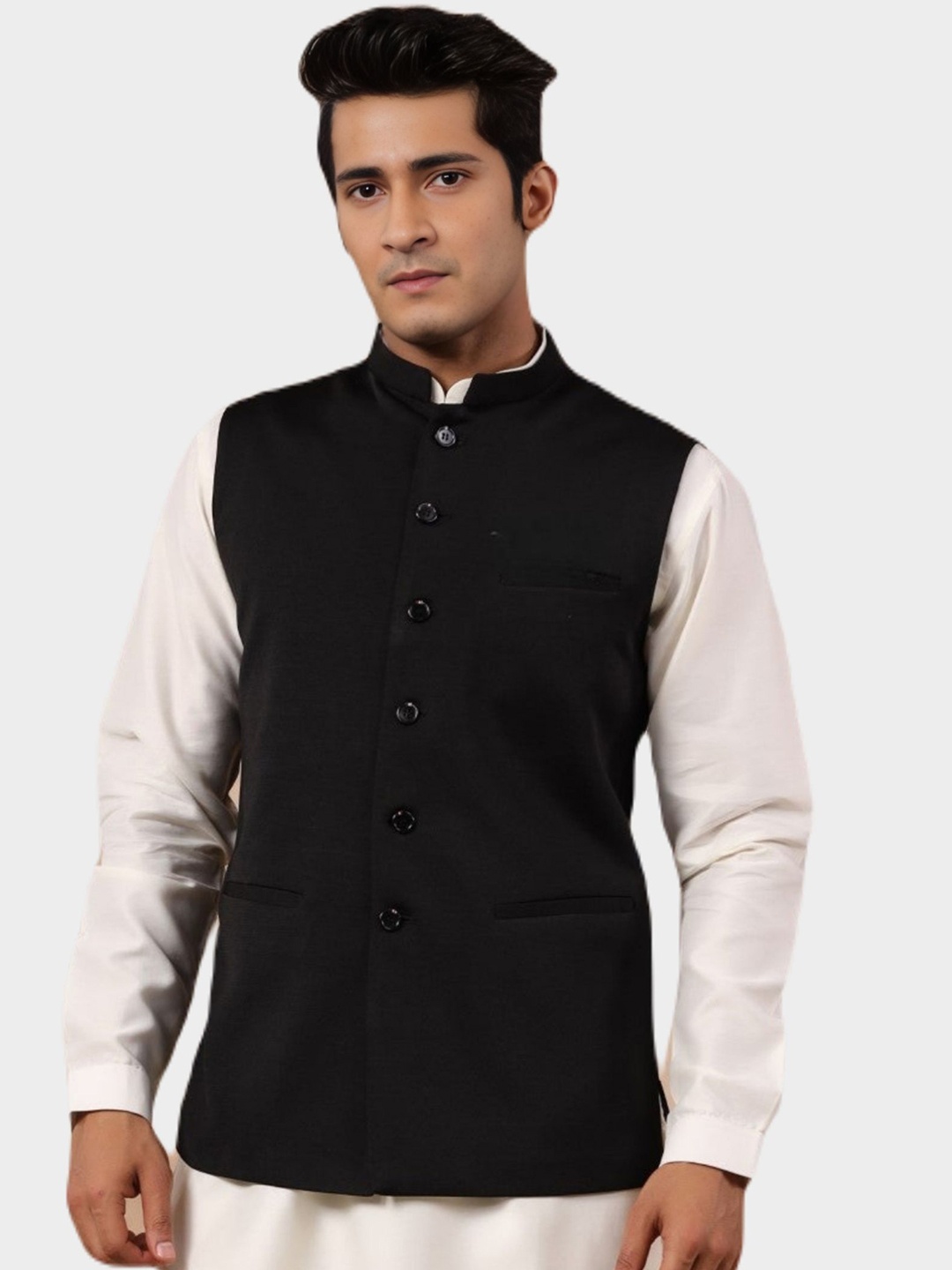 

BAESD Mandarin Collar Satin Nehru Jacket, Black