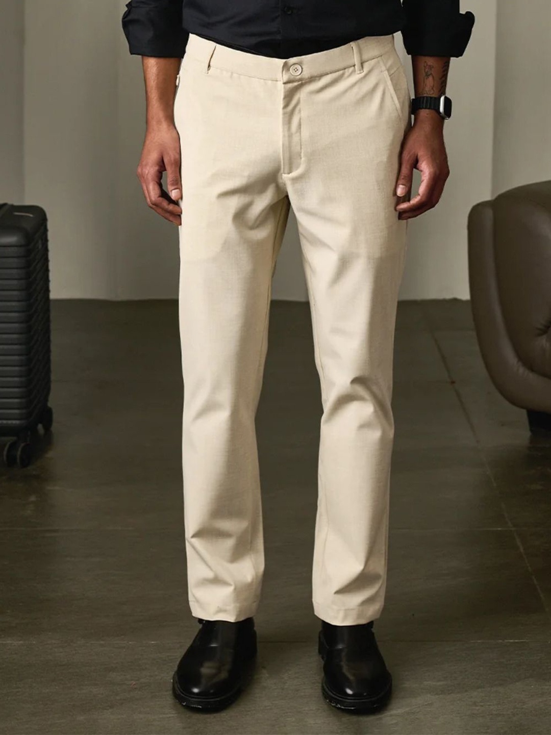 

Beyours Men Comfort Mid-Rise Cotton Trousers, Beige
