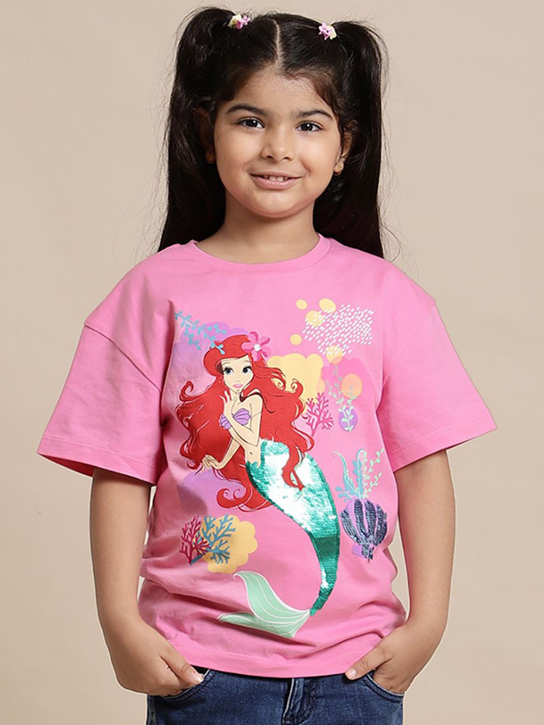 

Kids Ville Girls Disney Princess Graphic Printed Round Neck Cotton Relaxed Fit T-shirt, Pink