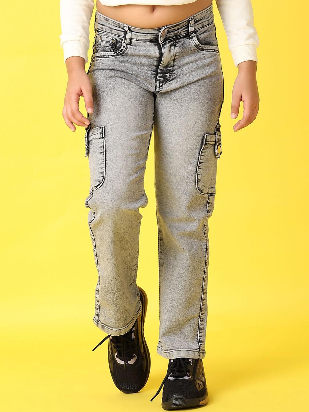 

V-Mart Girls Cotton Relaxed Fit Highly Distressed Heavy Fade Stretchable Jeans, Grey
