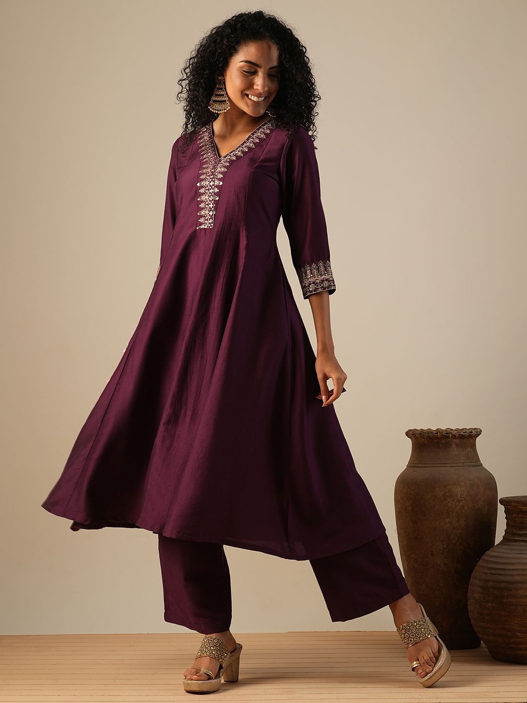 

Globus Zari Embroidered V-Neck Panelled Anarkali Kurta With Wide Leg Trousers, Purple