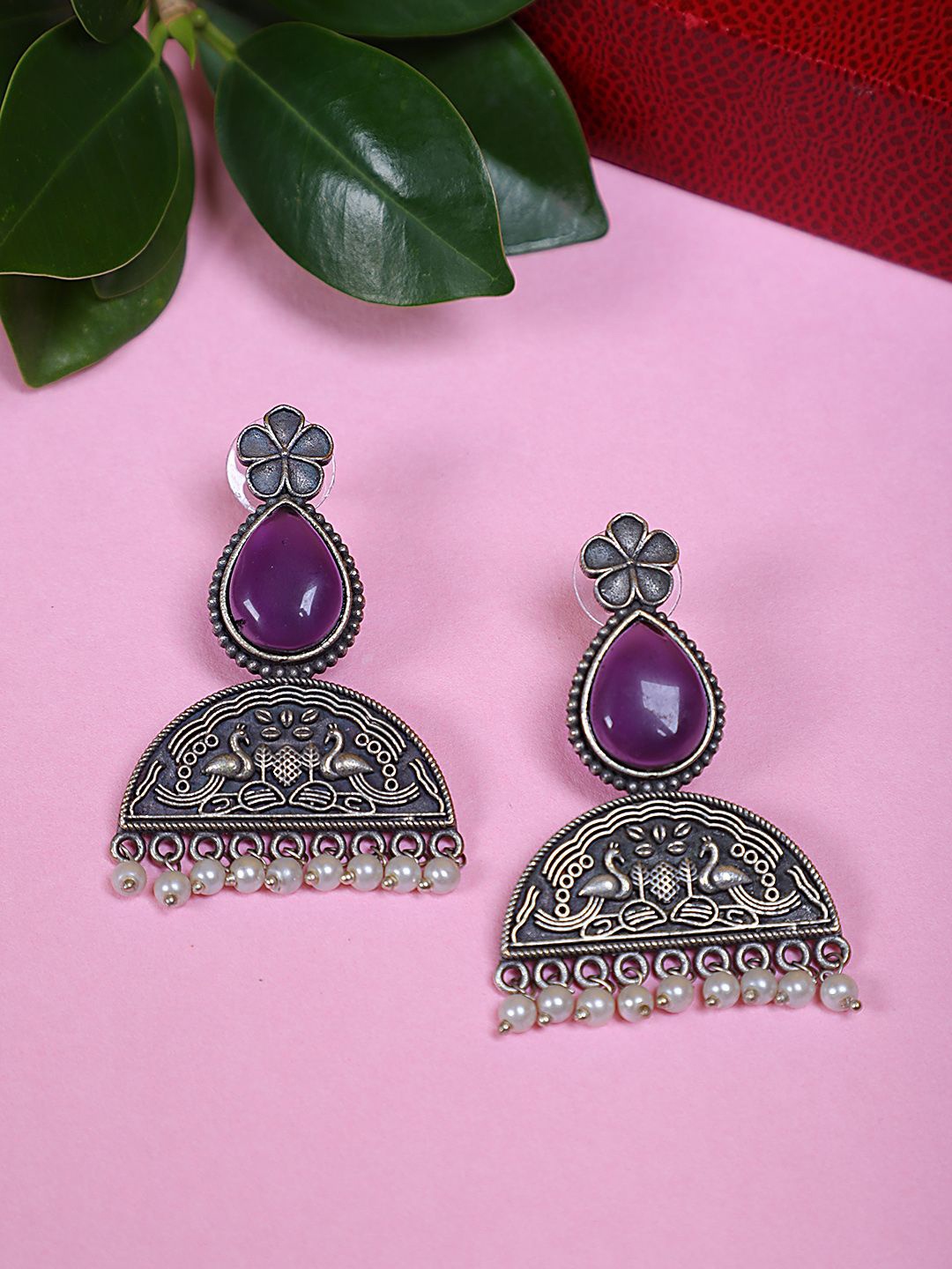 

FIROZA Silver-Plated Teardrop Shaped Oxidised Drop Earrings