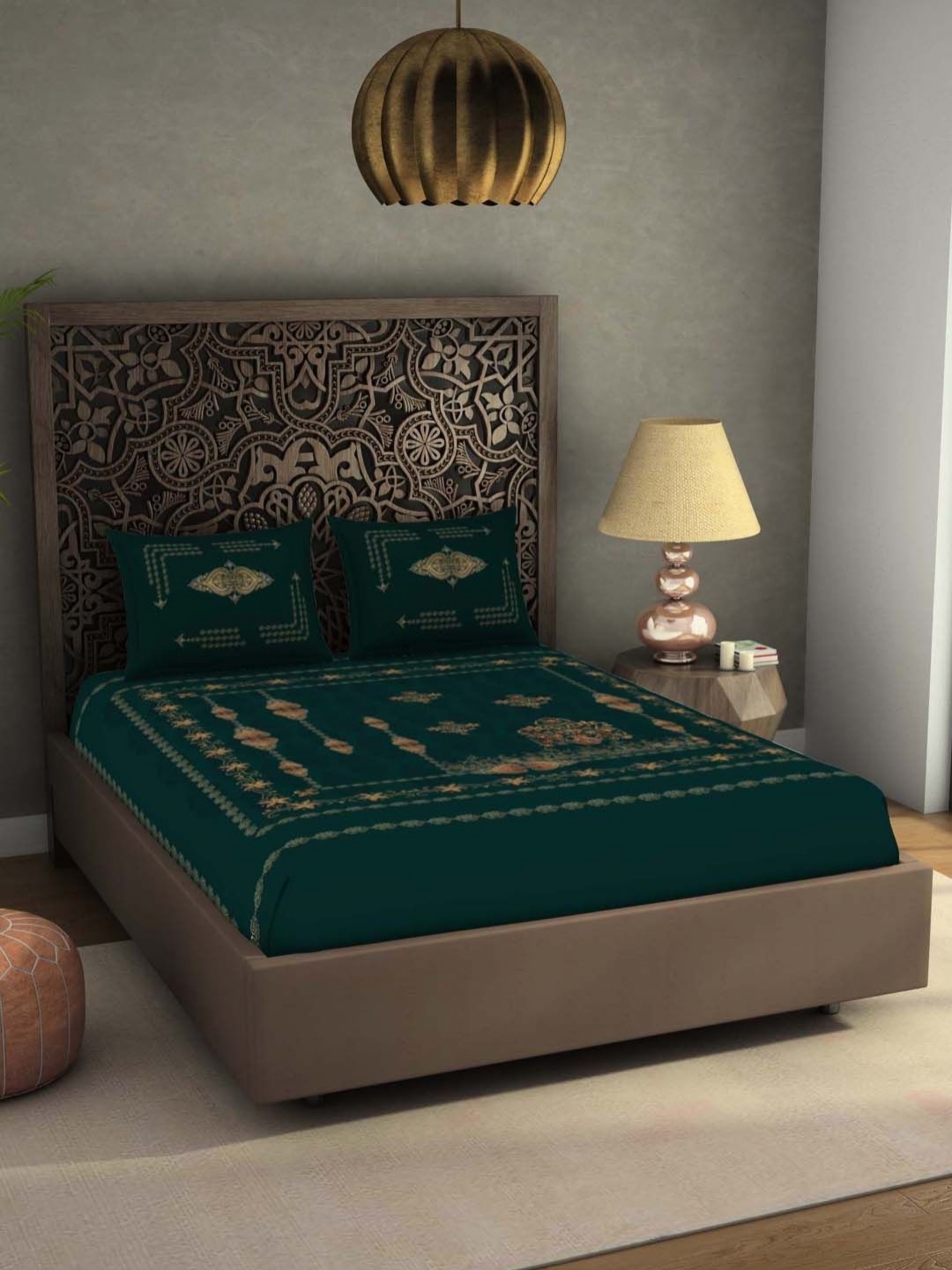 

SPACES Rangana Digital Green Printed Pure Cotton 300 TC King Bedsheet Set 2.74 x 2.74m