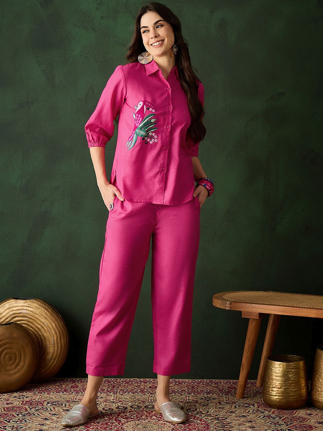 

Sangria Embroidered Pure Cotton Shirt & Trouser Co-Ords, Pink