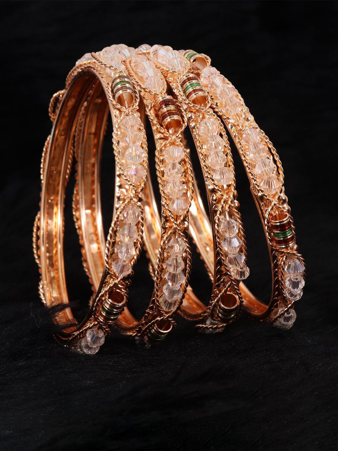 

ZULKA Set Of 4 Rose Gold-Plated Stone Studded & Pearls Beaded Bangles
