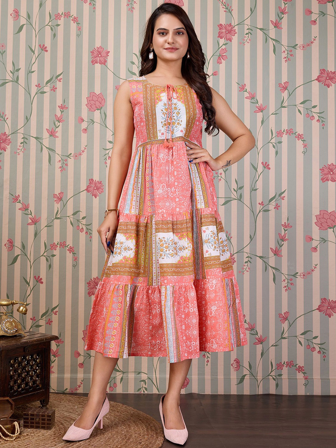 

Ode by House of Pataudi Women Printed Cotton Ethnic Dresses, Coral