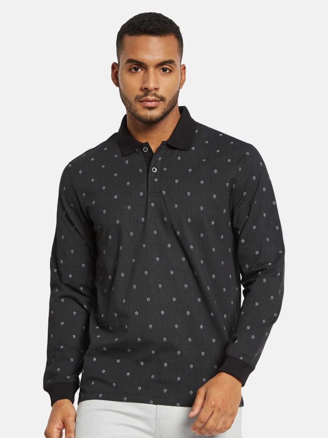 

METTLE Men Conversational Printed Polo Collar Cotton T-shirt, Black