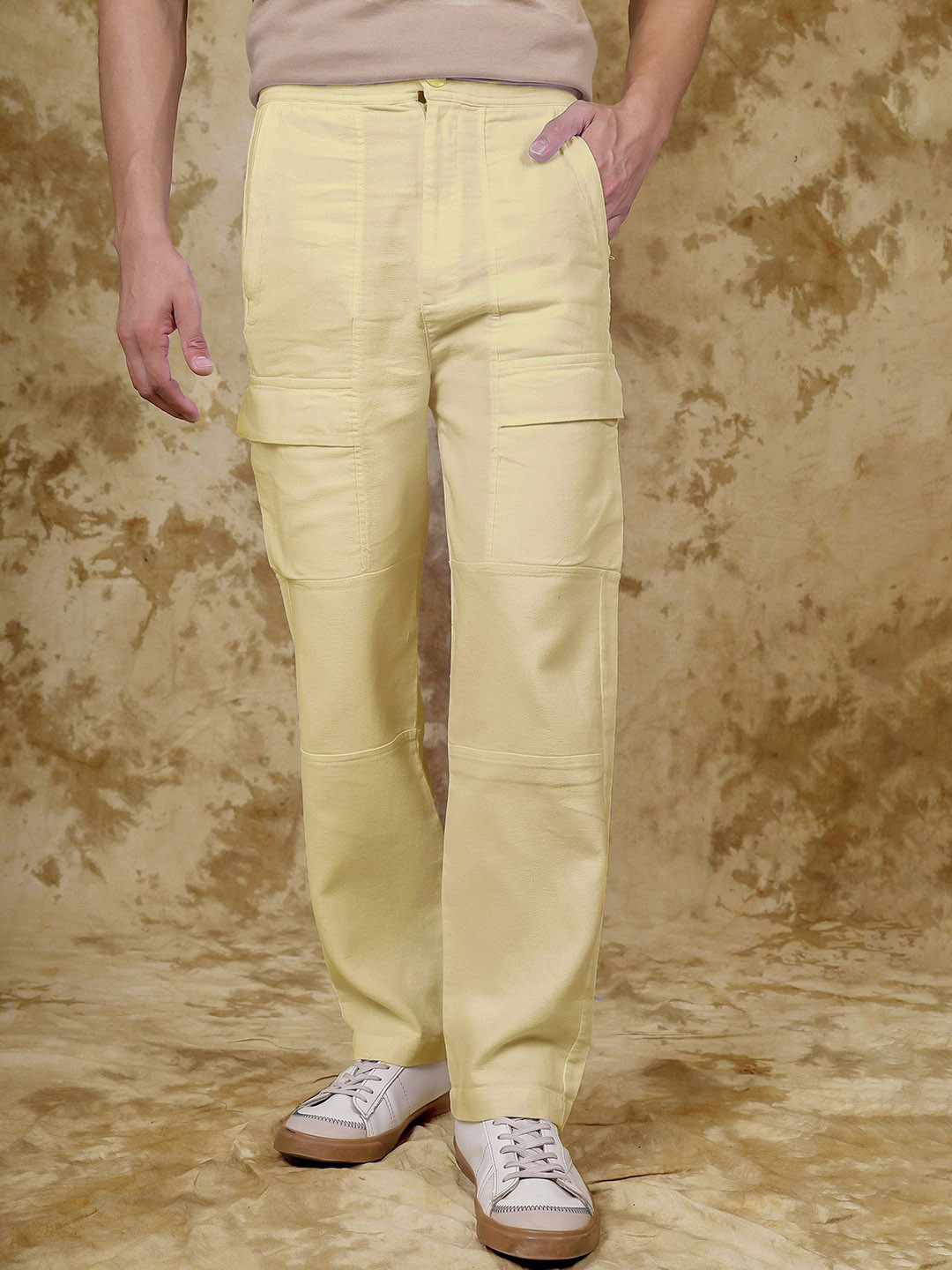 

BLUEBIRD Men Smart Loose Fit Easy Wash Cargos Trousers, Beige
