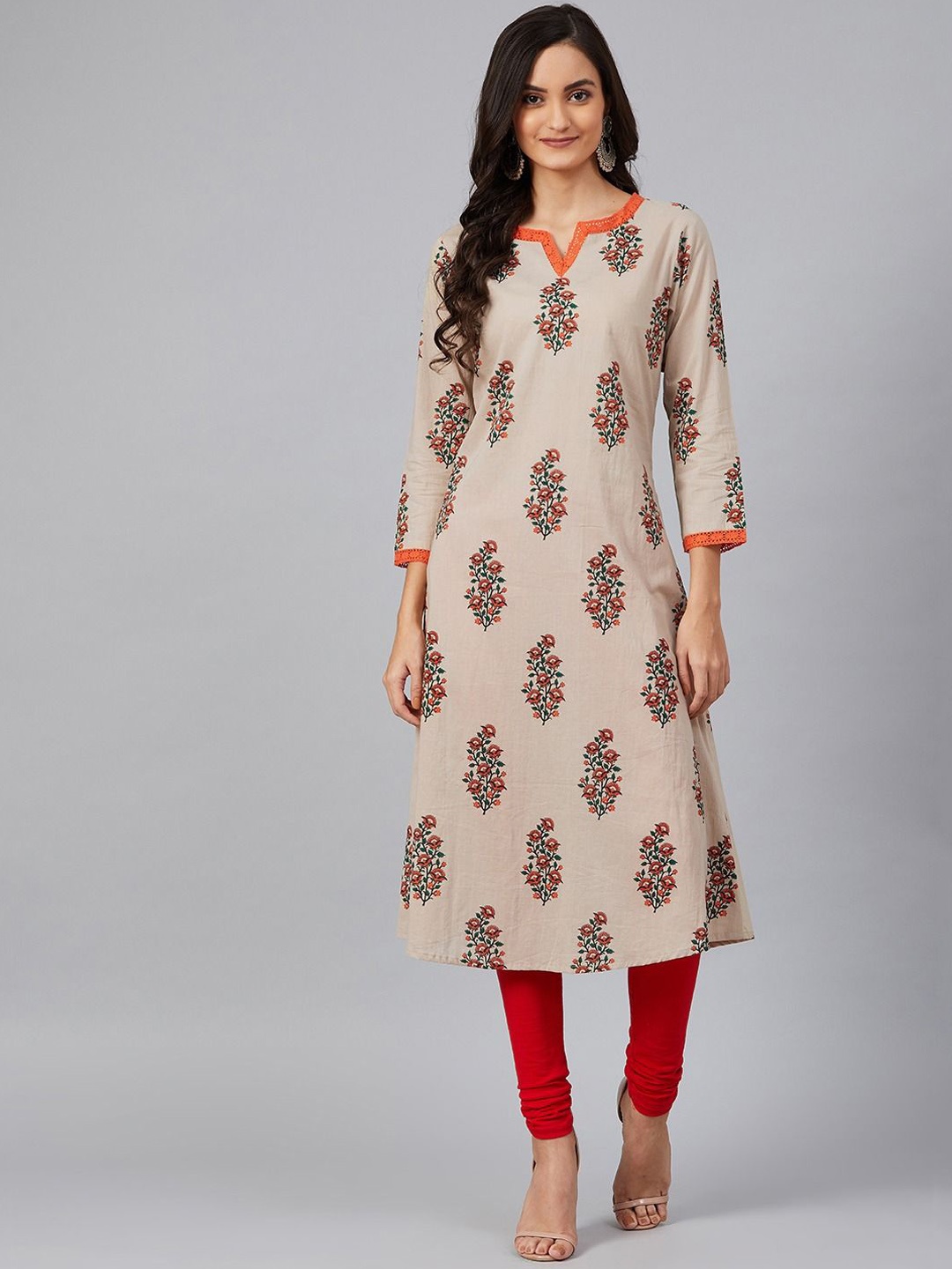 

KALINI Floral Printed Cotton A-Line Kurta, Beige