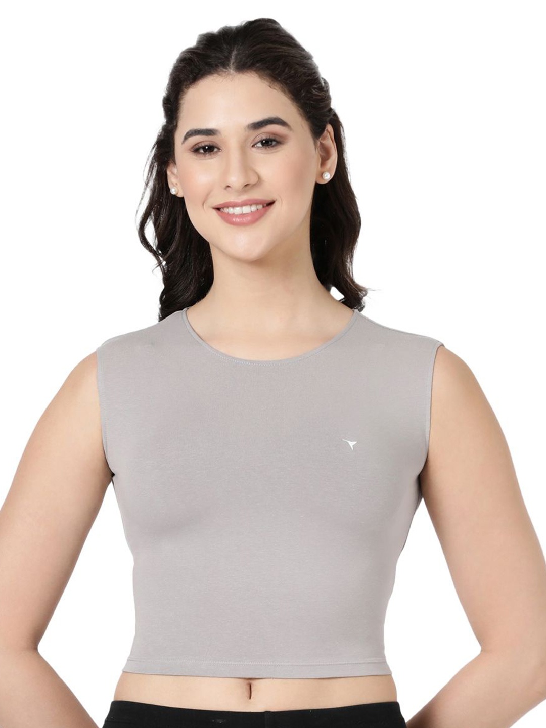 

BLOSSOM Women Round Neck Cotton Tank Crop Top, Grey