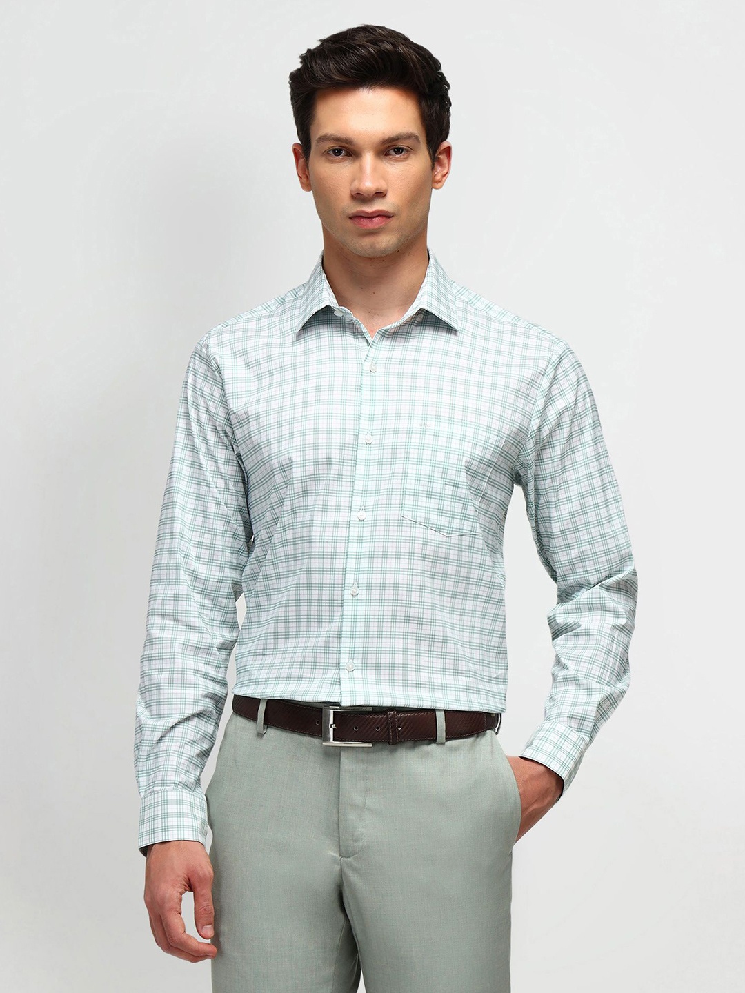 

Arrow Men Classic Spread Collar Checked Cotton Formal Shirt, Sea green