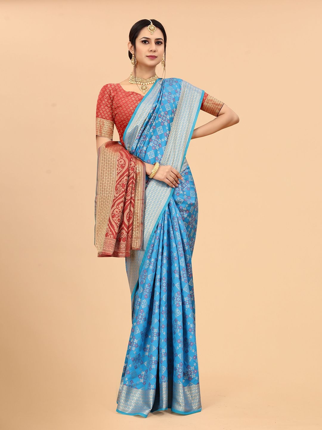 

JUST FASHION Woven Design Zari Patola Saree, Blue